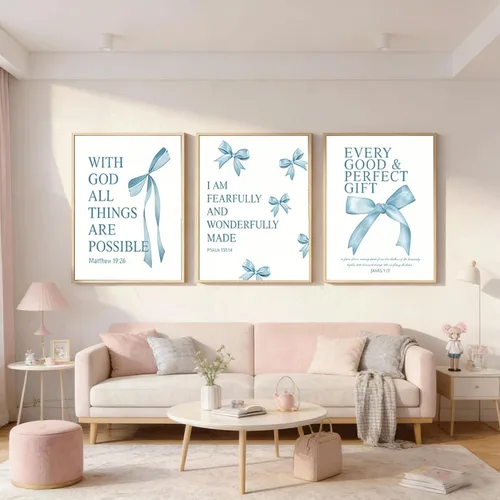 Vista 3 de 3 piezas de arte de pared con lazo azul inspirador, pintura bíblica preppy, decoración de pared, arco azul, pósteres de la Biblia, impresiones