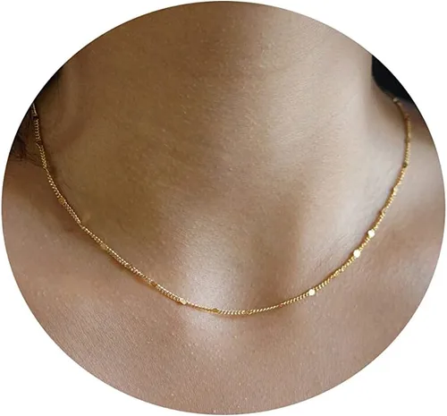 Vista 8 de Delicado collar de cadena para mujer, chapado en oro de 18 quilates, gargantilla de disco de moneda, collar simple de cadena trenzada con cuentas