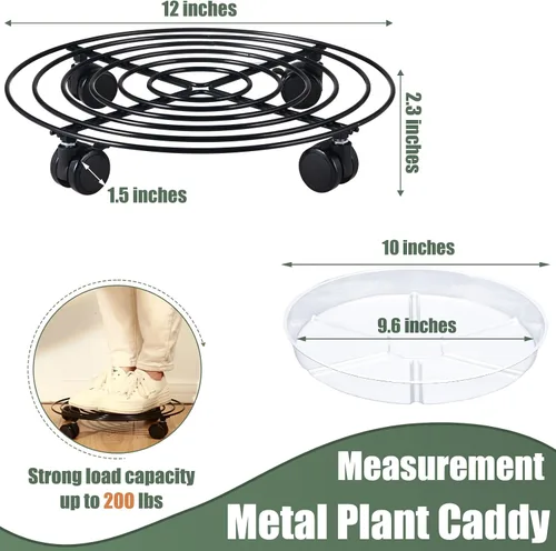 Vista 3 de 6 paquetes de 12 pulgadas de metal grande para plantas con ruedas, soportes rodantes para plantas de hierro forjado, base de rodillos para plantas