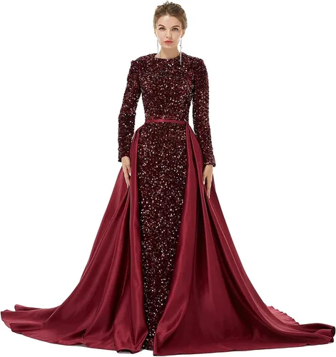 Vista 7 de Women's Long Sleeves Sequins Mermaid Evening Dress Formal Ball Gown Detachable Train
