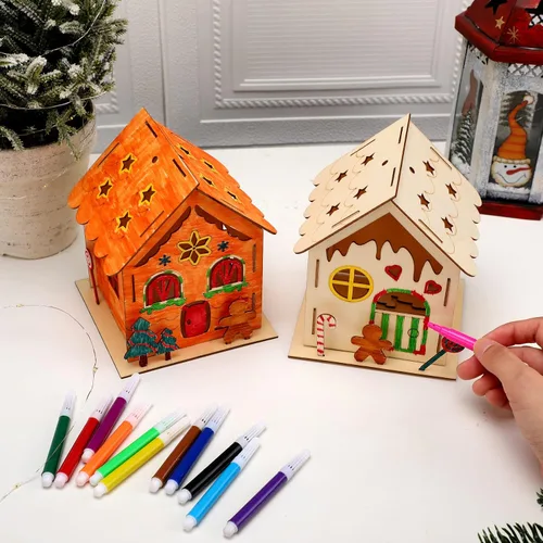 Vista 5 de Spiareal 12 juegos de kit de bricolaje para casa de pan de jengibre de Navidad de madera con velas sin llama LED, lápices acuarela, manualidades
