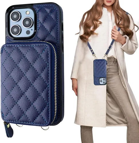 Vista 12 de Bocasal Funda tipo cartera cruzada para iPhone 14 Pro Max, con bloqueo RFID, de piel sintética, con cremallera, funda tipo cartera con función atril