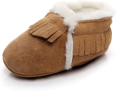 Vista 9 de HONGTEYA Mocasines de bebé con suela de goma de forro polar de piel, botas de nieve cálidas, zapatos de bebé de cuero para niños y niñas