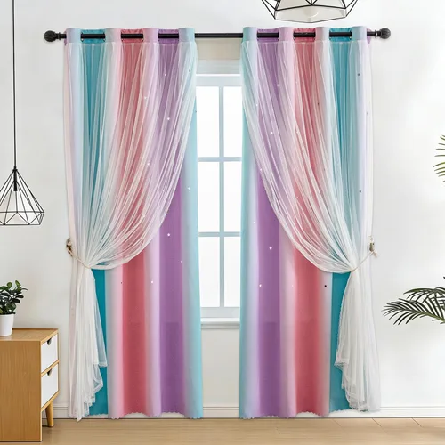 Vista 24 de Anytime - Cortinas para dormitorio de niñas con estrella hueca, cortinas opacas para habitación de niños, cortinas largas para oscurecer