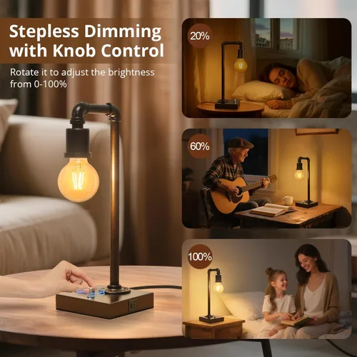 Vista 2 de Lámpara de mesa industrial para dormitorio, lámpara de noche completamente regulable con puertos USB C+A, lámpara vintage con diseño de tubo