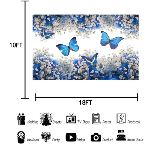 Vista 2 de BJXTGU168 - Telón de fondo de mariposas para cumpleaños, flores azules de gypsophila, telón de fondo de fotos para decoraciones de fiestas temáticas