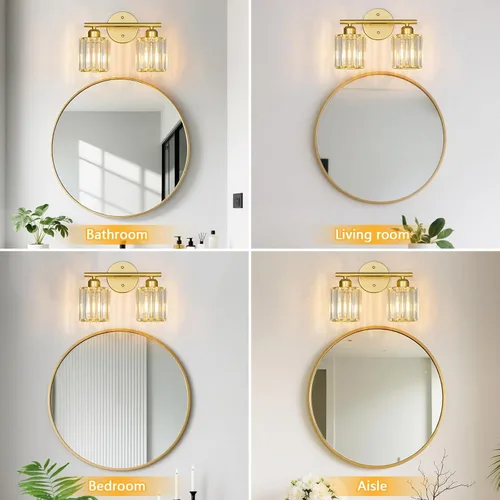 Vista 4 de Lámpara de tocador moderna de cristal de 2 luces, accesorio de luz vertical dorada para baño sobre espejo para mesa de tocador y fregadero
