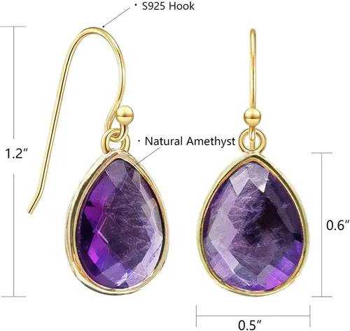 Vista 6 de Aretes de amatista, aretes de cristal morado con lágrima para mujer, delicados aretes colgantes de piedra natural para joyería estética, aretes