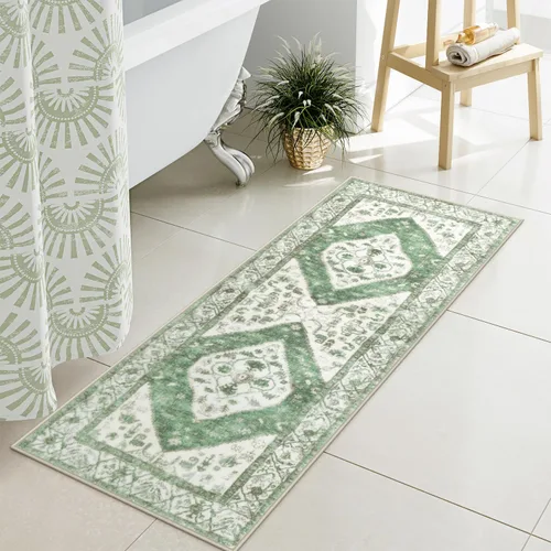 Vista 11 de Uphome Alfombra de Baño Azul Boho Desgastada Alfombra de Baño Oriental Suave de Pelo Largo Antideslizante Alfombra de Baño Lavable a Máquina Vintage