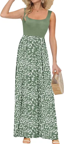 Vista 19 de AUSELILY Vestido largo con cuello cuadrado para mujer, sin mangas, floral, holgado, con bolsillos