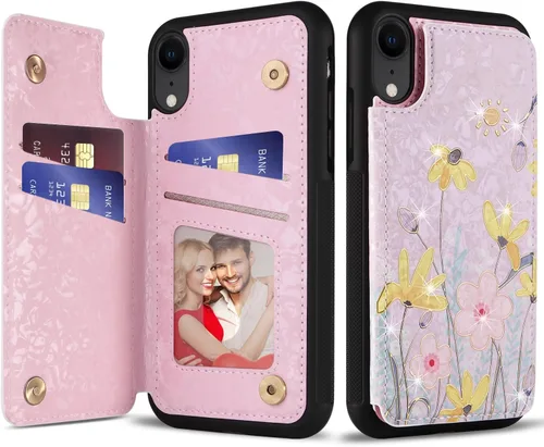 Vista 12 de UEEBAI Funda tipo cartera para iPhone 13 con tarjeteros, piel sintética, diseño floral, función atril, bloqueo RFID, doble cierre magnético, funda