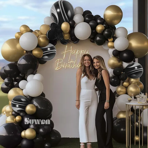 Vista 5 de SUWEN Juego de 153 globos negros y dorados de diferentes tamaños de 18, 10, 5 pulgadas, mármol negro, blanco y dorado metálico, globos de látex