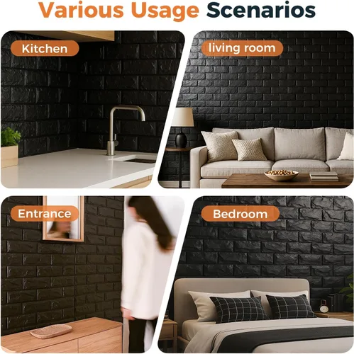 Vista 5 de Circloophs Paneles de pared 3D para pegar y despegar, papel tapiz 3D imprimible de ladrillo negro, autoadhesivo, impermeable, paneles de ladrillo