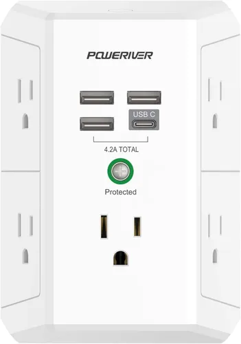 Vista 10 de POWERIVER - Extensor de sobretensiones multitoma de corriente con 5 salidas de CA y 4 puertos USB (2 USB C), 1,680 julios, divisor de salida