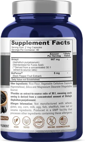 Vista 3 de NusaPure Cápsulas Shilajit, 667 mg, 180 cápsulas vegetales (sin OMG, veganas)
