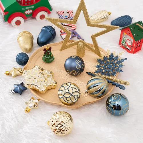 Vista 2 de Juego de 110 adornos de bolas de Navidad, adornos de Navidad surtidos azules y dorados para árbol de Navidad, bolas de plástico irrompibles Azul
