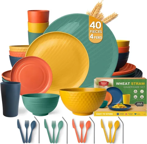 Vista 11 de Teivio Juego de vajilla de plástico de paja de trigo de 16 piezas, servicio para 4, platos de cena, plato de postre, tazones para cereales, tazas