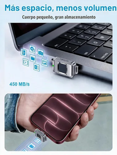 Vista 3 de TWOPAN Nano SSD de 256 GB, unidad flash USB C externa de almacenamiento SSD con bloqueo de huellas dactilares, hasta 450 MB/s, diseño para iPhone