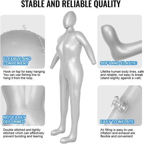Vista 3 de Three T Maniquí inflable de cuerpo completo femenino con brazos y cabeza – 65.0 in tamaño real de PVC vestido forma para exhibición minorista, feria