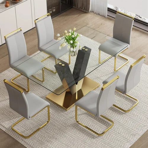 Vista 31 de Juego de mesa de comedor de cristal de 71 pulgadas para 4, juego de mesa de cocina moderno para 4, juego de mesa de comedor para el hogar