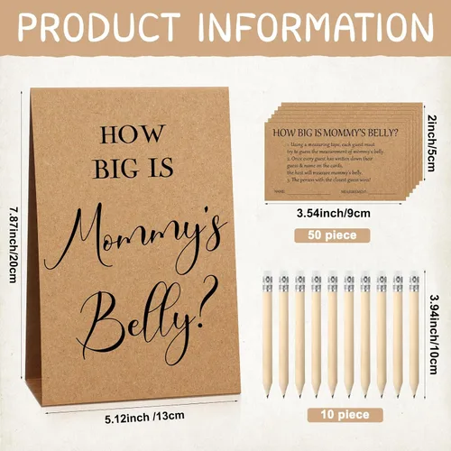 Vista 127 de Sabary 64 Piezas Juegos de Baby Shower Incluyen Letrero How Big is Mommy's Belly Sign Measure Bump Game 50 Tarjetas 10 Lápices 3 Cintas Métricas