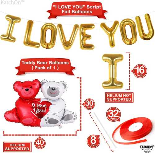Vista 2 de KatchOn, Teddy Bear - Juego de globos con texto en inglés "I Love You", paquete de 55, 2000 pétalos de rosa roja con globos de corazón rojo