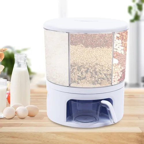 Vista 3 de Dispensador de granos giratorio de 360°, dispensador de cereales grande de 6 rejillas, recipiente de grano sellado con divisor y mango extraíbles