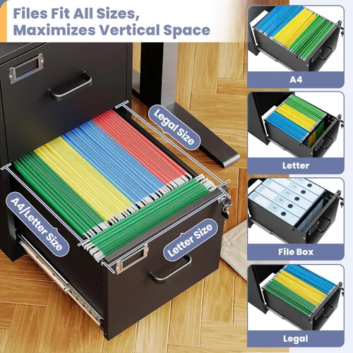 Vista 5 de 2-Drawer File Cabinet with Lock, Small Filing Cabinet Organizer for Hanging A4/Letter/Legal Size Folder, Under Desk Vertical Filing Cabinets for