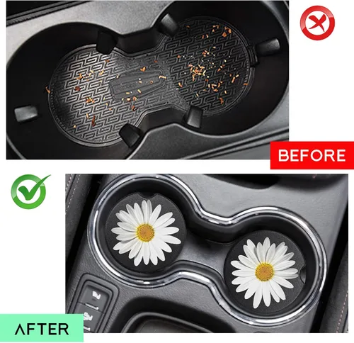 Vista 3 de Paquete de 2 posavasos para portavasos de coche, posavasos de cerámica absorbente con inserto para taza de margarita con muesca para el dedo, lindos