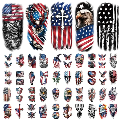 Vista 2 de 77 hojas de tatuajes temporales del 4 de julio para adultos y niños, tatuajes falsos patrióticos del Día de la Independencia de Estados Unidos