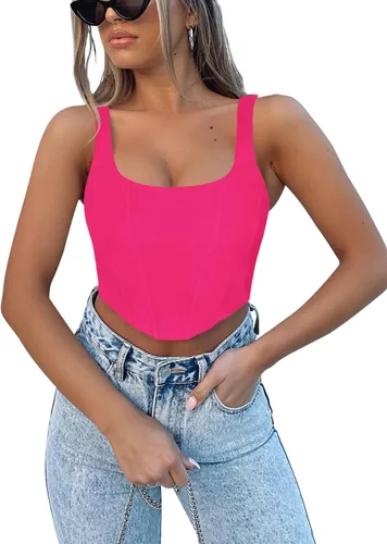 Vista 3 de REORIA - Camiseta corta sin mangas con cuello cuadrado sexy para mujer