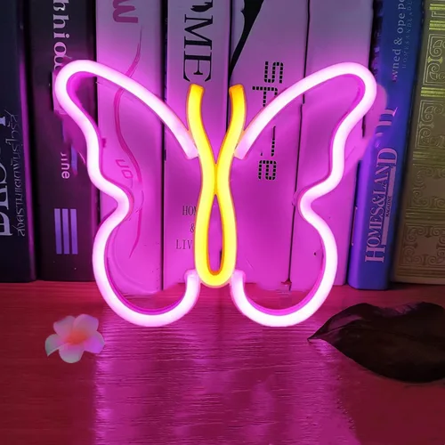Vista 10 de Letreros de neón de mariposa rosa coral para pared, oficina, apartamento, dormitorio, boda, fiesta de cumpleaños, decoración de mariposa de neón 1