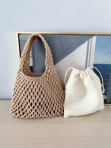 Vista 6 de Mini bolso de mano de pesca con red de pesca, cuerda de algodón, cordón de ganchillo, bolsa de playa tejida para mujeres y niñas