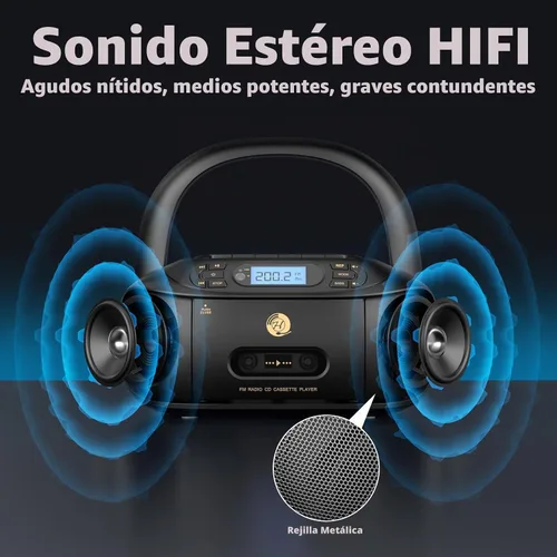 Vista 5 de Reproductor de CD y Cinta Combo, Hernpark Boombox Recargable con Bluetooth 5.1, Grabación de Cinta, Radio FM, Super Bass, Sonido Estéreo, Entrada