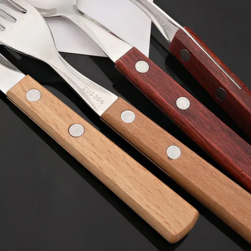 Vista 4 de JASHII Juego de cubiertos de mango de madera, servicio para 6 personas, juego de cubiertos de acero inoxidable SUS304 de 24 piezas con mango