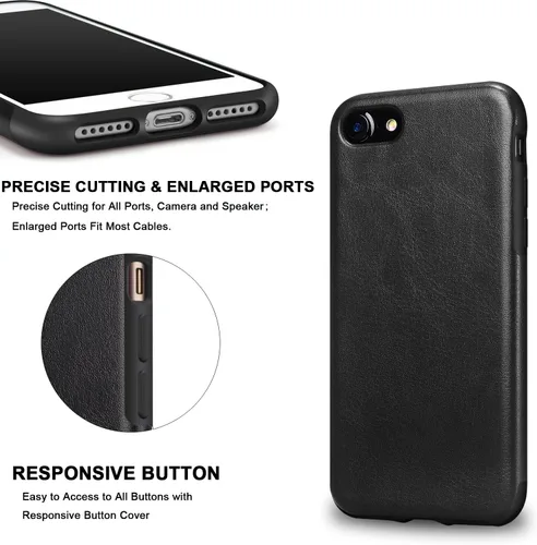 Vista 5 de TENDLIN Funda compatible con iPhone SE 2022/SE 2020/8/7 - Funda delgada híbrida de silicona TPU flexible con parte trasera de cuero (negro)
