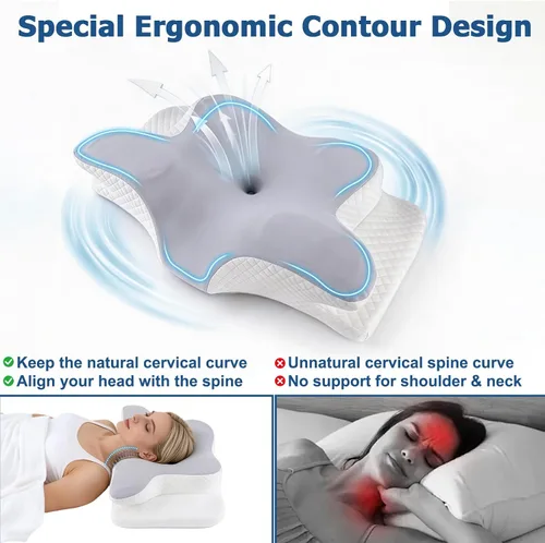 Vista 3 de Almohada cervical de espuma viscoelástica – Almohada ortopédica ajustable de contorno para soporte de cuello y hombros, inodora, apta para dormir