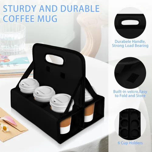 Vista 3 de Portabebidas portátil para 6 tazas, con asa, soporte plegable reutilizable para café, vino, latas, lleva de forma segura bebidas frías y calientes