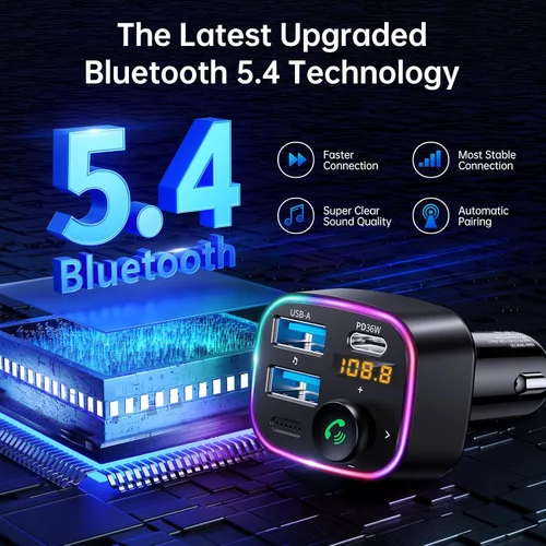 Vista 2 de Syncwire Bluetooth 5.4 Transmisor FM Adaptador de coche 48W (PD 36W y 12W) [Interruptor de luz] [Sonido de bajo HiFi] [Carga rápida] Adaptador