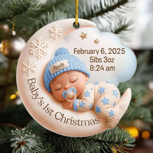 Vista 3 de DILYPOD Adorno personalizado para la primera Navidad del bebé 2025, recuerdo acrílico personalizado con efecto 3D de luna, regalo personalizado