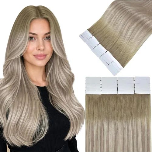 Vista 23 de Easyouth Extensiones de cabello humano rubio con cinta, extensiones de cabello humano rubio blanco, 12 pulgadas, 20 unidades, 1.06 onzas