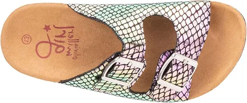 Vista 4 de Olivia Miller Zapatos para niños, Bailando Piel de Serpiente Sirena Doble Hebilla Plantilla Doble Correa Niñas Sandalias de Diapositiva Planas