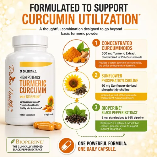Vista 4 de Cúrcuma de alta potencia del Dr. Colbert con bioperina 60 cápsulas 500 mg extracto de raíz de cúrcuma
