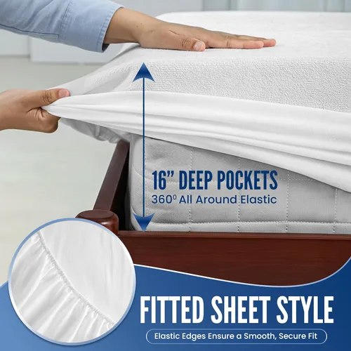 Vista 3 de LUX Décor - Protector de colchón de rizo completo 100 % impermeable, parte superior de tela de toalla suave, sin ruido, funda de colchón absorbente