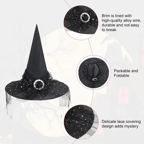 Vista 4 de Zando Sombreros de bruja de encaje para mujer, accesorios de disfraz de Halloween, accesorios de disfraz de bruja plegables para colgar