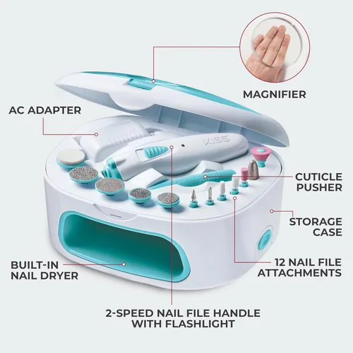 Vista 2 de Kiss Professional, taladro eléctrico de uñas, lima de uñas eléctrica y sistema de secado de uñas, incluye 12 accesorios, empujador de cutículas