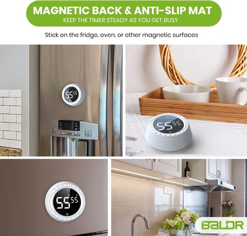 Vista 3 de BALDR Temporizador digital de cocina con pantalla de escritorio giratoria, imán fuerte, cuenta arriba/abajo y alertas de pitido, temporizador