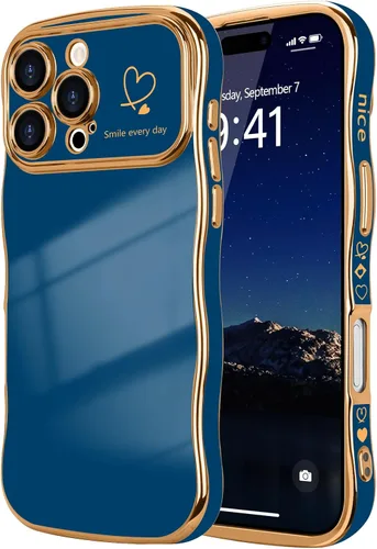 Vista 25 de LCHULLE - Funda para iPhone Air, linda para mujeres y niñas, con forma de onda, color azul bebé Luxury Plating Curly Wavy Frame with Love Heart