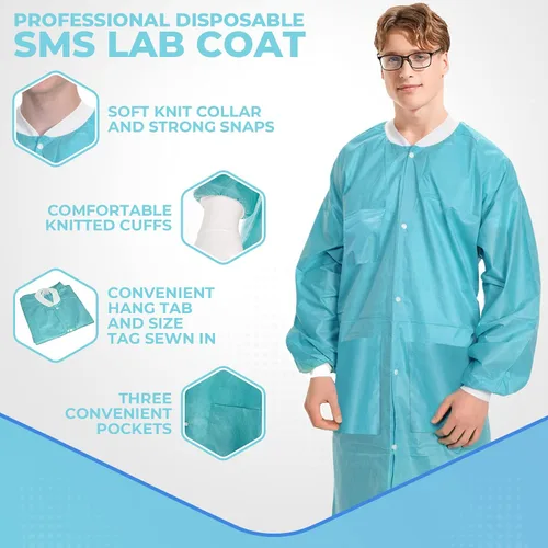 Vista 3 de 10 abrigos de laboratorio desechables Abrigo de laboratorio reutilizable duradero de 1.76 oz SMS hasta la rodilla con puños y bolsillos de punto