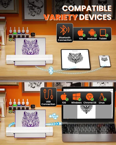 Vista 6 de COLORWING M08F - Impresora inalámbrica portátil de plantillas de tatuajes, máquina térmica sin tinta Bluetooth para plantillas de tatuajes con 10